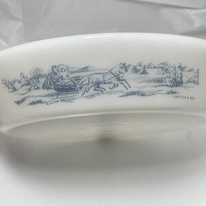 Vtg Glasbake Divided Casserole Dish Currier and Ives Blue White Glass, Made USA